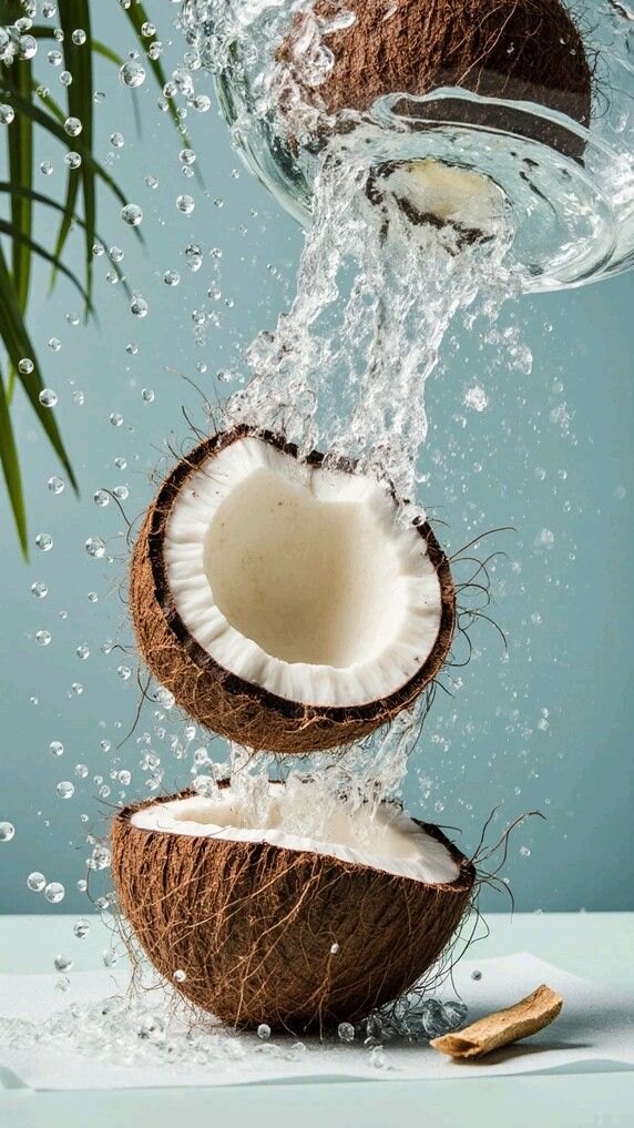 A fresh coconut cracked open in a splash of water